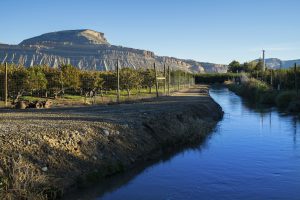 Irrigation water used for grapes and fruit groves in scenic landscape on sunny day. Palisade, Colorado USA.
